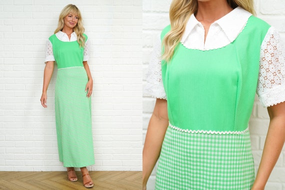 60s 70s Gingham Mod Dress Vintage Lace Cutout Col… - image 1