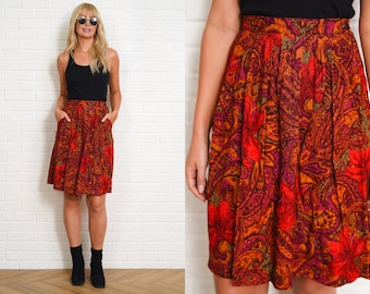 80s Paisley Print Skirt Pleated Vintage High Waist Rayon Purple Red Skater Small S