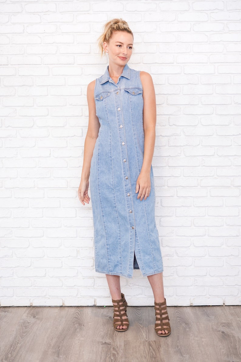 Vintage 90s Blue Jean Midi Dress Denim Shirtdress Sleeveless Shirt Dress Medium