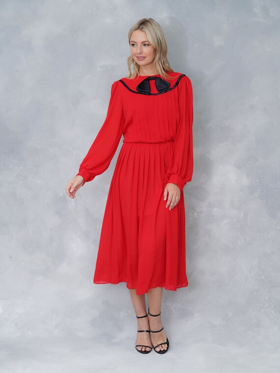 Vintage 80s Red Retro Dress Secretary Puff Sleeve… - image 4