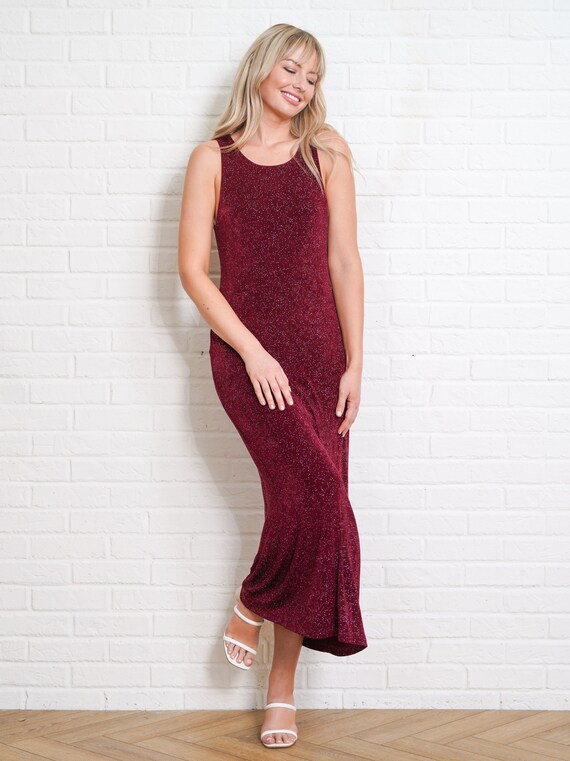 90s Glittery Maxi Dress Vintage Cranberry Red Sle… - image 4