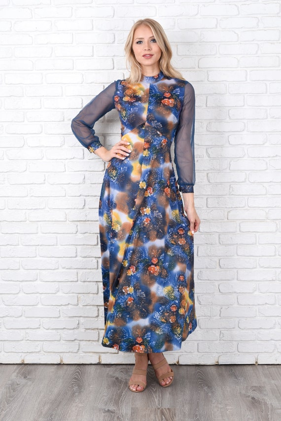 Vintage 70s Blue Maxi Dress Sheer Sleeve Floral P… - image 3
