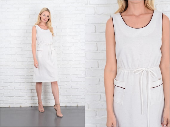 Vintage 70s 80 White + Beige Dress A Line Sleevel… - image 1