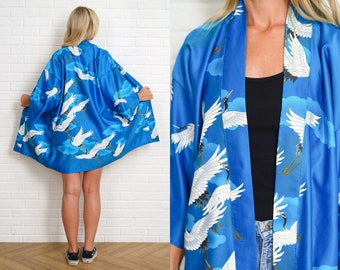 90s Blue Kimono Jacket Vintage Oriental Asian Oversize S M L Bird