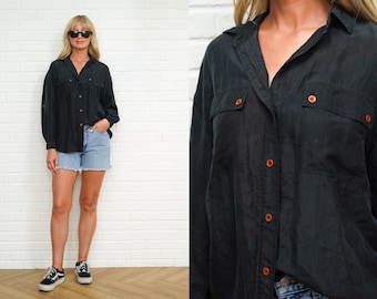90s Silk Top Vintage Blouse Oversize Blouse Shirt Button Down Black long sleeve S M L