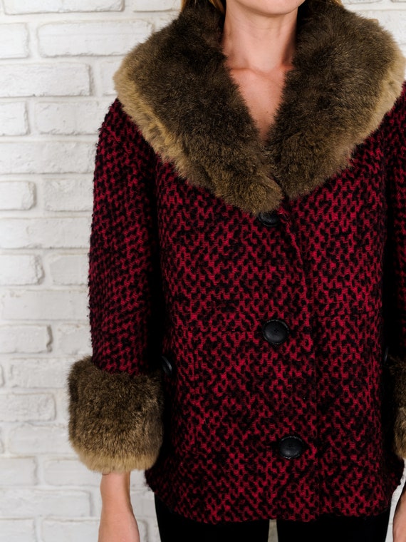 Vintage 60s 70s Red Wool Jacket Fox Fur Collar Cu… - image 9