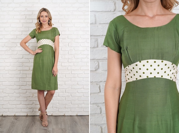 Vintage 50s 60s Green Cocktail Party Dress Polka D