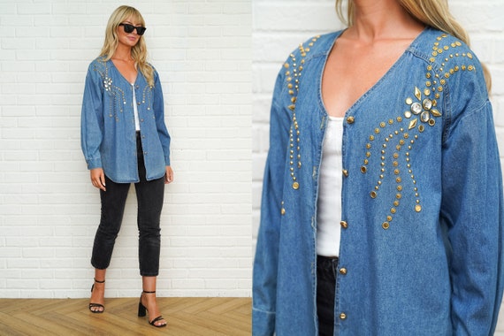 90s Denim Studded Top Vintage Gold Stud Oversize … - image 1