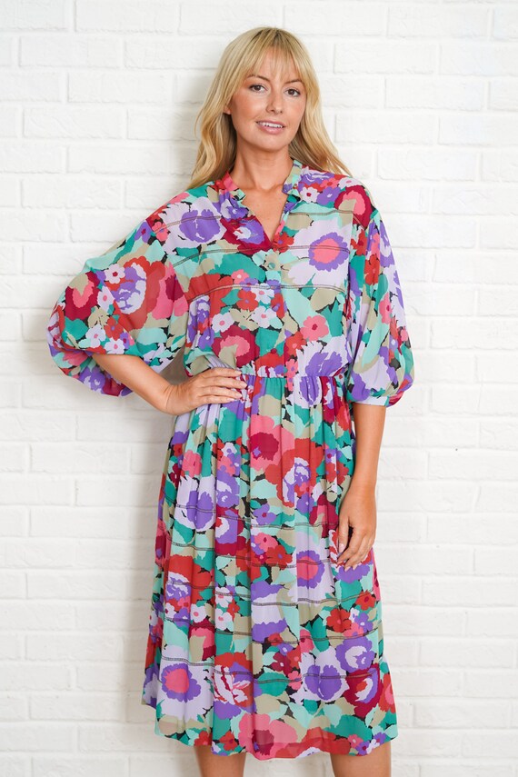 80s Bold Floral Print Dress Vintage Blouson Slouc… - image 4