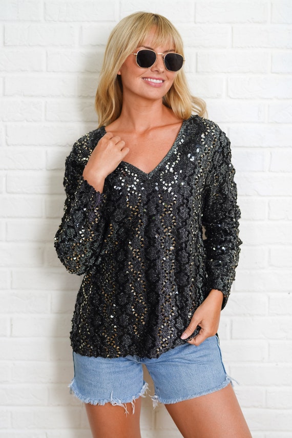 Sequin Top Vintage Black Metallic Silver Black Gl… - image 4