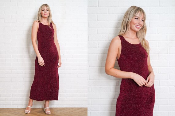 90s Glittery Maxi Dress Vintage Cranberry Red Sle… - image 1