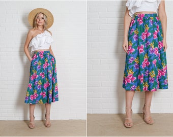 Vintage 80s Blue Hawaiian Wrap Skirt Floral Tropical Pink Flower S M