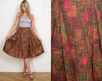 60s Silk Patchwork Skirt Vintage Geometric Pleated A Line Small