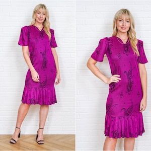 60s Purple Paisley Mod Dress Vintage Black Knit Puff Sleeve Knee length Small S