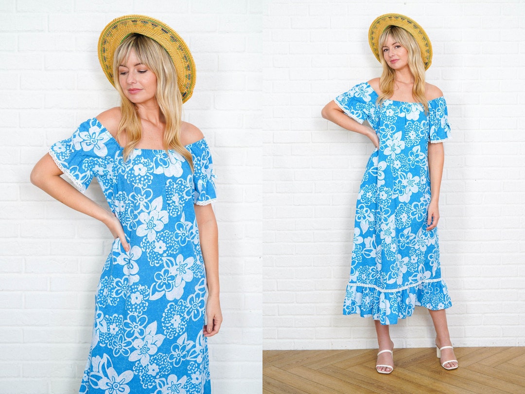 70s Blue Hippie Dress Boho Floral Hawaiian Midi off Shoulder Medium M ...