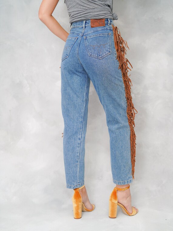 Vintage 90s Blue Jeans Denim Leather Suede Fringe… - image 7