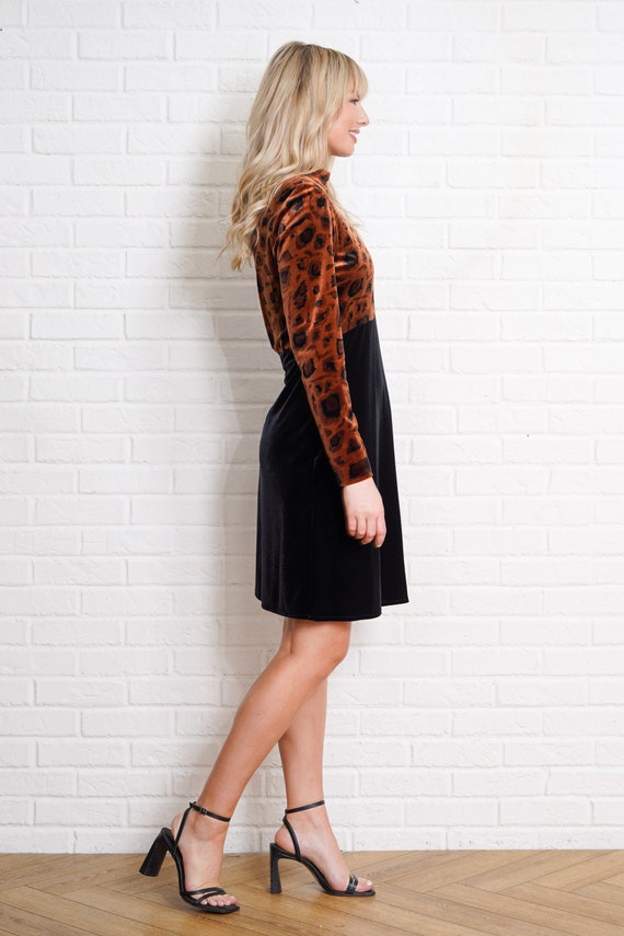90s Leopard Velvet Dress mini Party Cocktail Long… - image 4