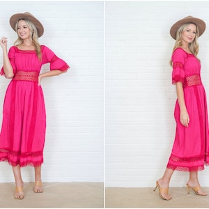 Vintage 70s Pink Crochet Mexican Hippie Dress Festival Boho Midriff Cutout XS