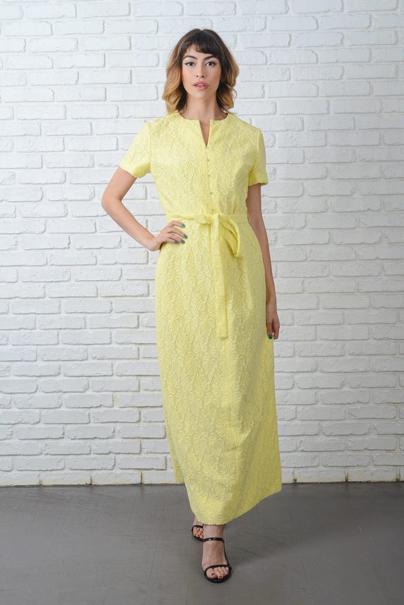 Vintage 60s 70s Yellow Mod Dress Maxi Cutout Boho… - image 3