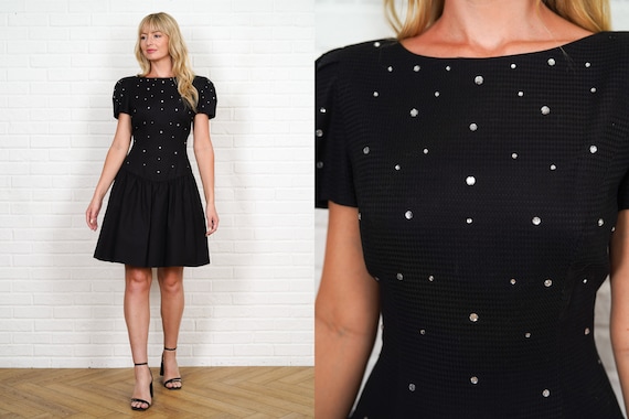 90s Puff Sleeve Dress Vintage Polka Dot Rhineston… - image 1