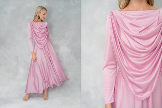 Vintage 70s Pink Cowl Dress Maxi Boho Hippie Drape