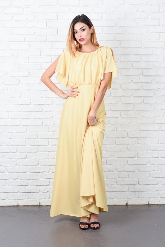 Maxi Boho Hippie Dress -Vintage 70s - Yellow -Dra… - image 1