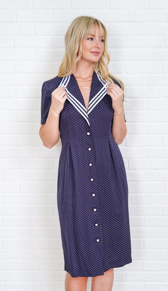 80s Navy Blue Dress Vintage Polka Dot Striped Sec… - image 6