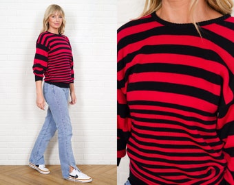 80s Striped Sweater Vintage Bold Stripe Pink Black Wool Small Medium S M