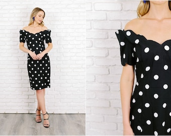 Vintage 80s Black + White Polka Dot Dress Scalloped off shoulder Small S