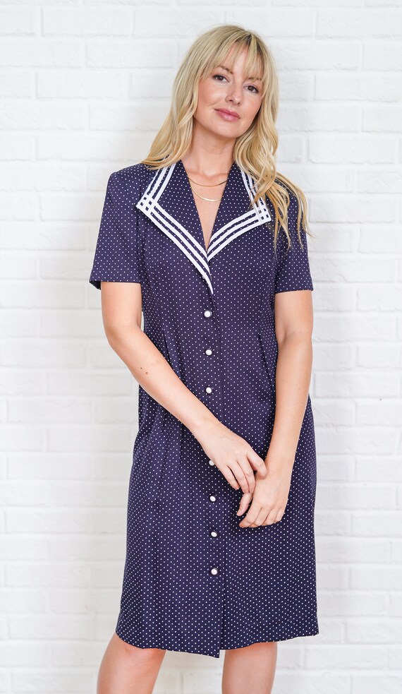 80s Navy Blue Dress Vintage Polka Dot Striped Sec… - image 7