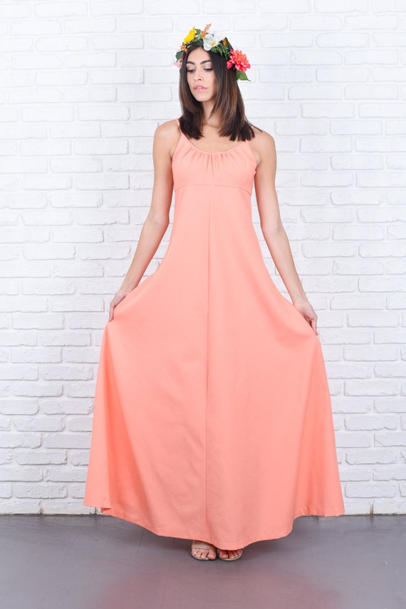 Maxi Dress - Vintage 70s Peach Orange - A Line -S… - image 4