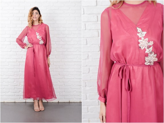 Pink Boho Dress Vintage 70s Sequin Floral Beaded … - image 1