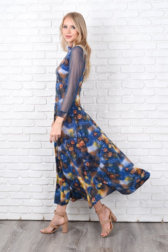 Vintage 70s Blue Maxi Dress Sheer Sleeve Floral P… - image 5