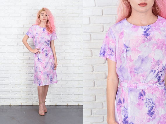 Vintage 70s 80s Pink + Purple Dress Floral Print … - image 1