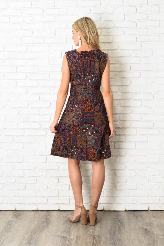 Vintage 60s Navy Blue Patchwork Print Geometric A… - image 5