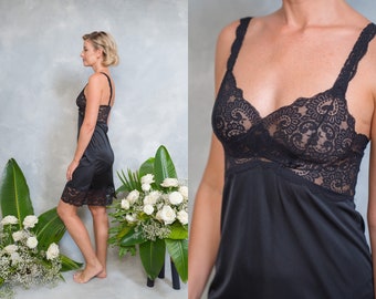 Vintage black lace satin Nightgown Slip dress mini  nighty negligee lingerie XS