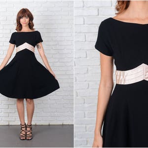 Vintage 50s Black Wool Knit Dress Cocktail Party Light Pink Stripe A Line XS 9486