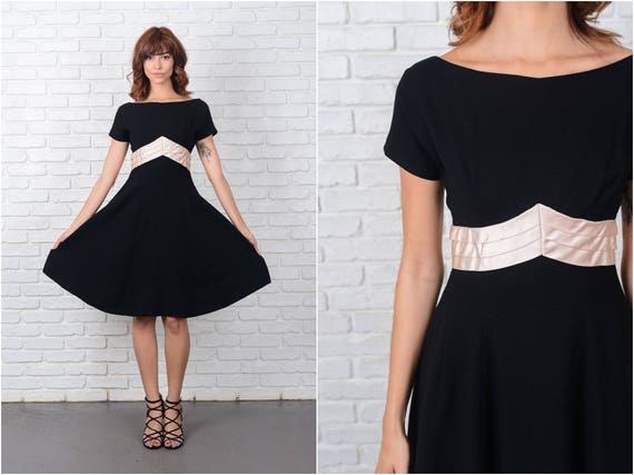Vintage 50s Black Wool Knit Dress Cocktail Party L