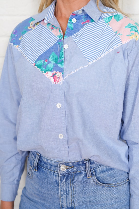90s Patchwork Shirt Vintage Blouse Top Striped Fl… - image 7