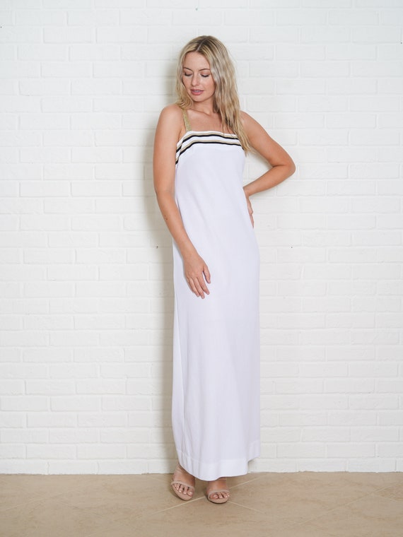 Vintage 70s White Maxi Dress Mod Striped Gold Met… - image 4