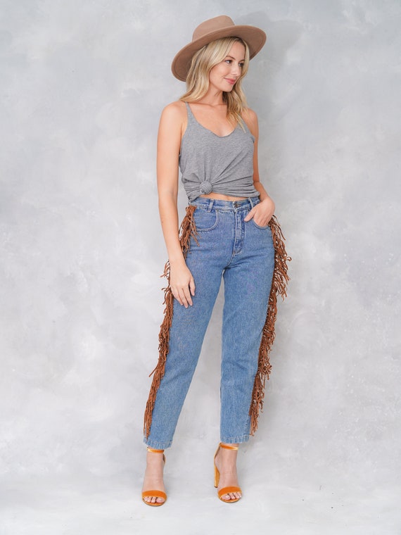 Vintage 90s Blue Jeans Denim Leather Suede Fringe… - image 2