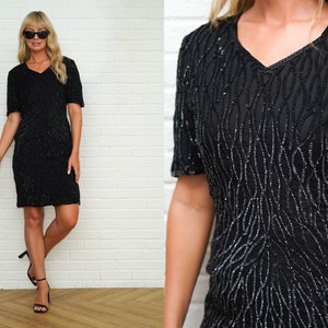 90s Silk Sequin Dress Black Beaded Open Back Cutout Cocktail Party Small S
