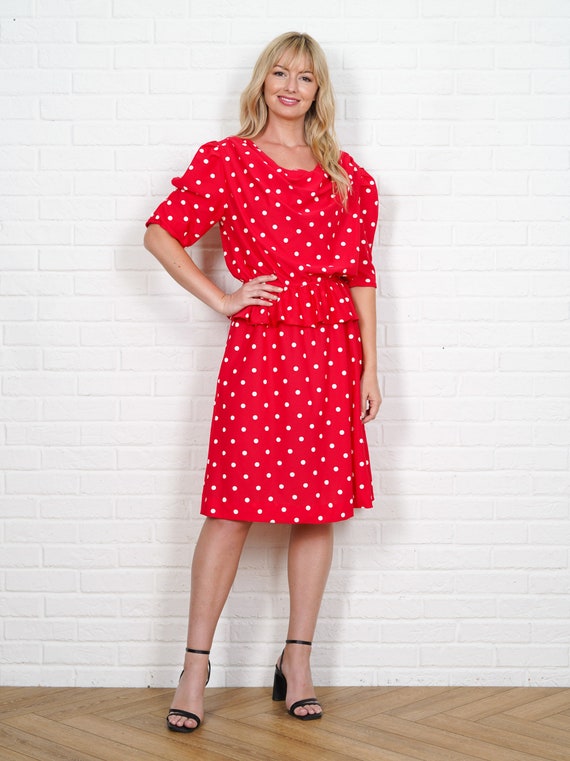 80s Polka Dot Dress Vintage Puff Sleeve Peplum Re… - image 2