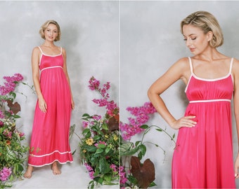 Vintage 70s Hot Pink Empire Nightgown Boudoir Lingerie Bridal Slip Dress Maxi S