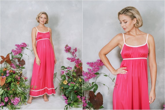 Vintage 70s Hot Pink Empire Nightgown Boudoir Lin… - image 1