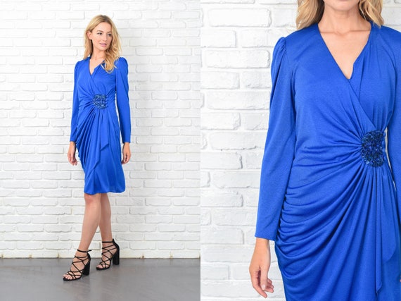 Vintage 80s Wrap Dress Blue Sequin Draped Cocktai… - image 1