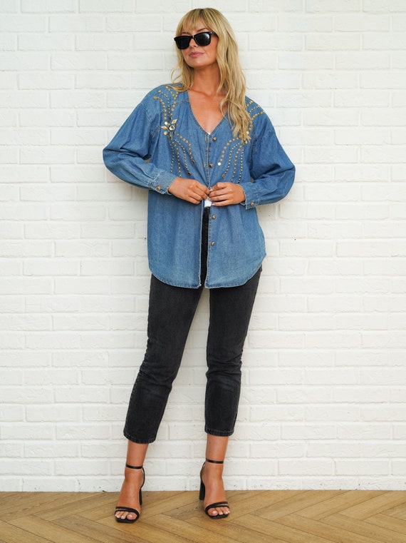 90s Denim Studded Top Vintage Gold Stud Oversize … - image 5