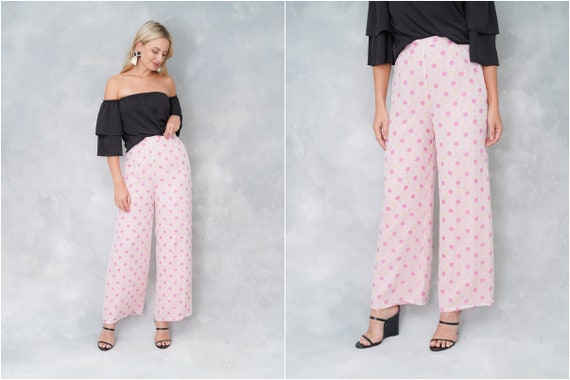 Vintage 90s Pink Silk Pants Trousers Wide Leg Hig… - image 1