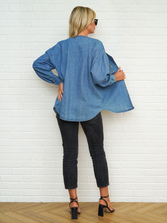 90s Denim Studded Top Vintage Gold Stud Oversize … - image 8