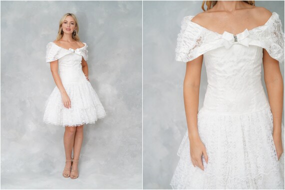 Vintage 50s White Tiered Lace Dress Cummerbund Waist Cross Straps S Small SM